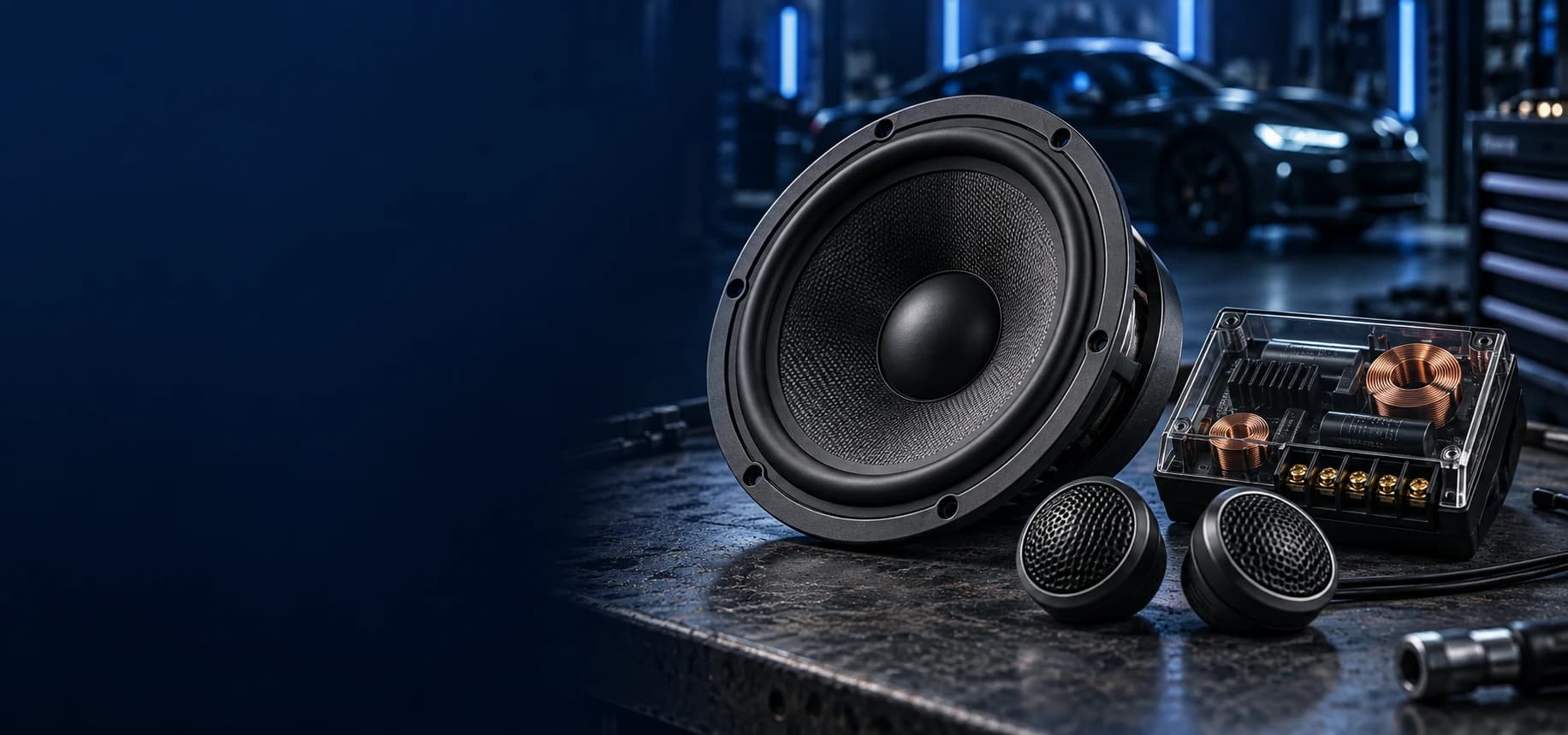 Component speaker system in a car audio engineering studio