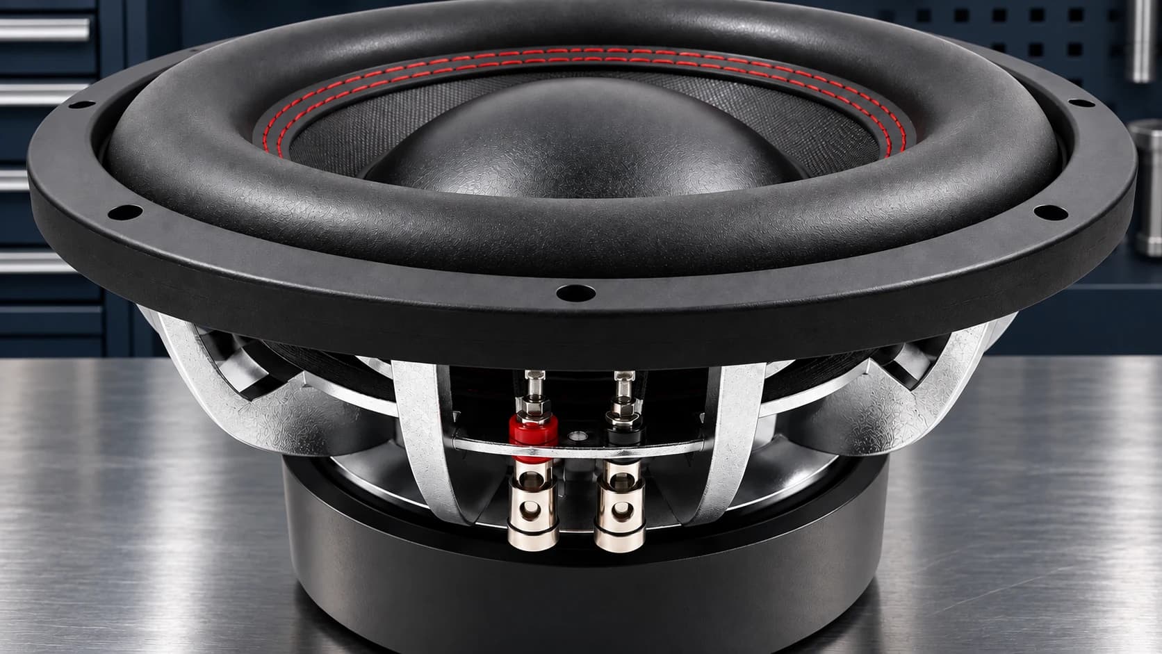basket & terminal view of the ZEMING chrome-plated subwoofer
