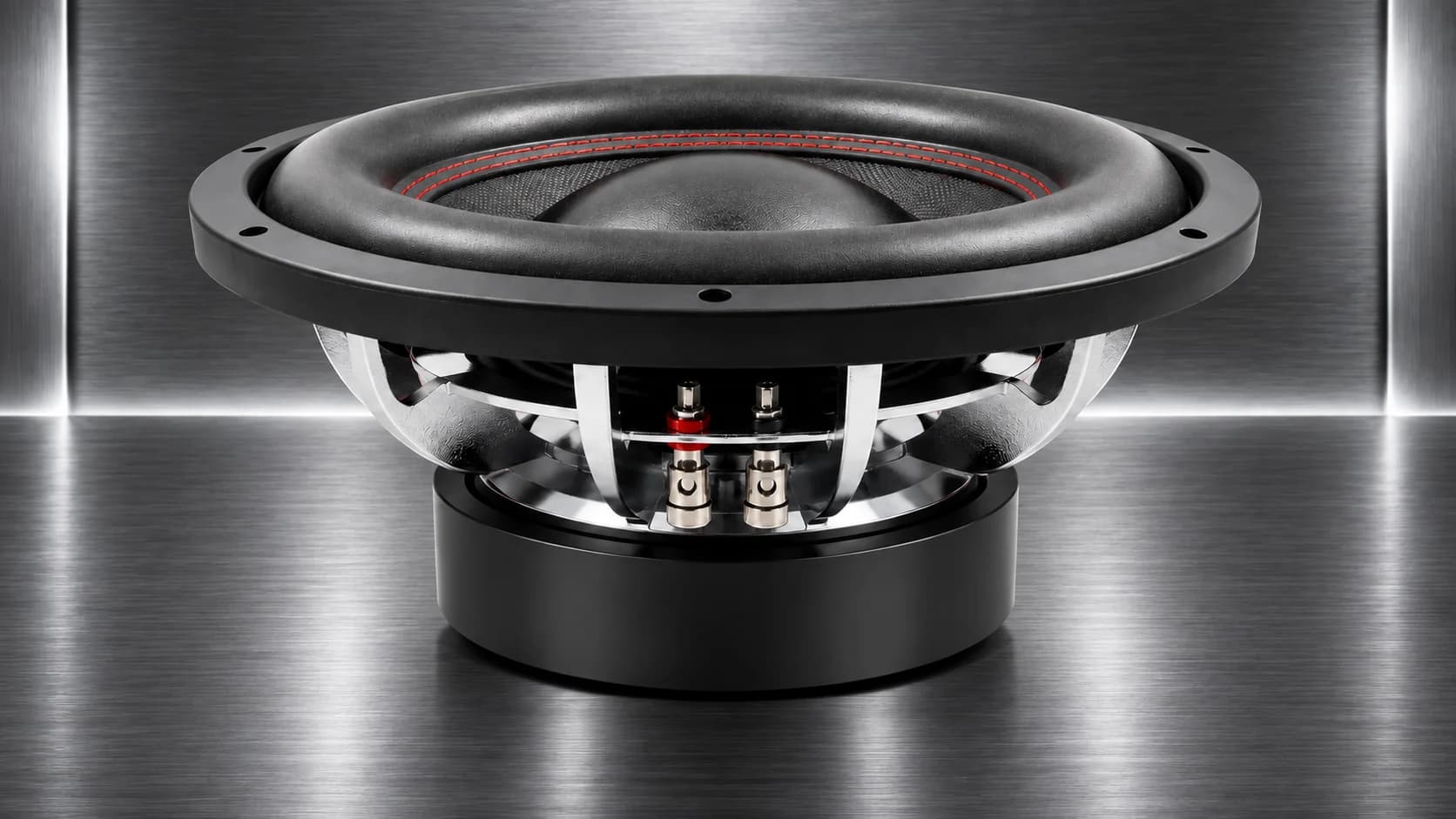 side profile view of the ZEMING chrome-plated subwoofer