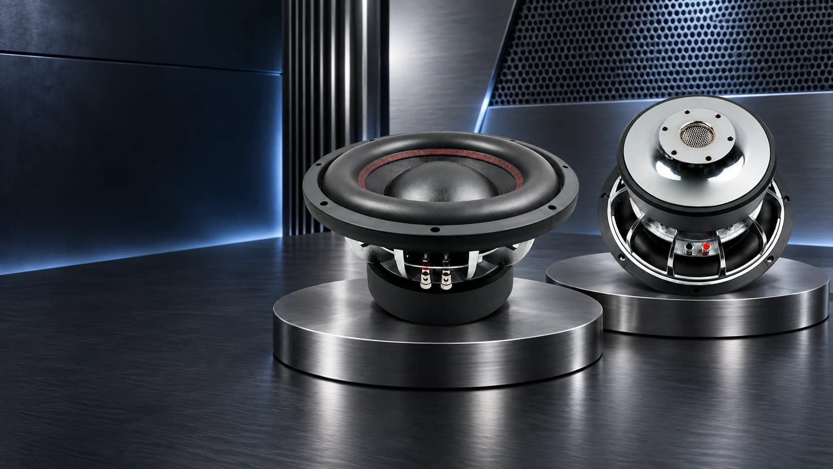 ZEMING chrome-plated dual voice coil car subwoofer in a metallic engineering display scene