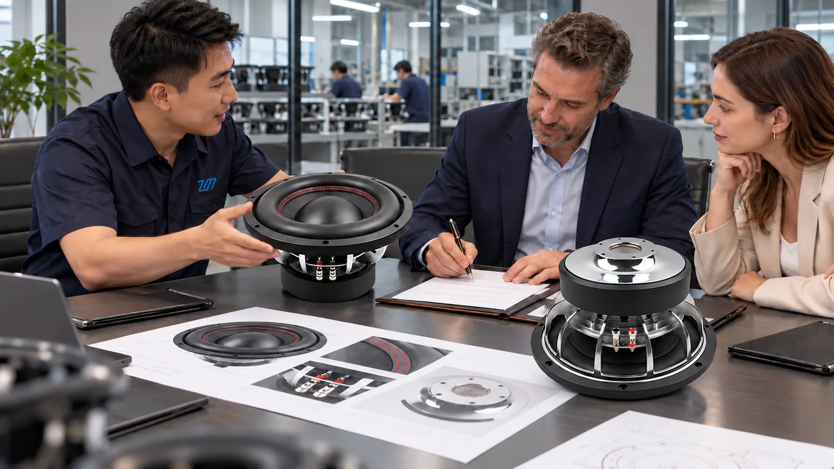 ZEMING product team reviewing a chrome-plated subwoofer project with overseas customers