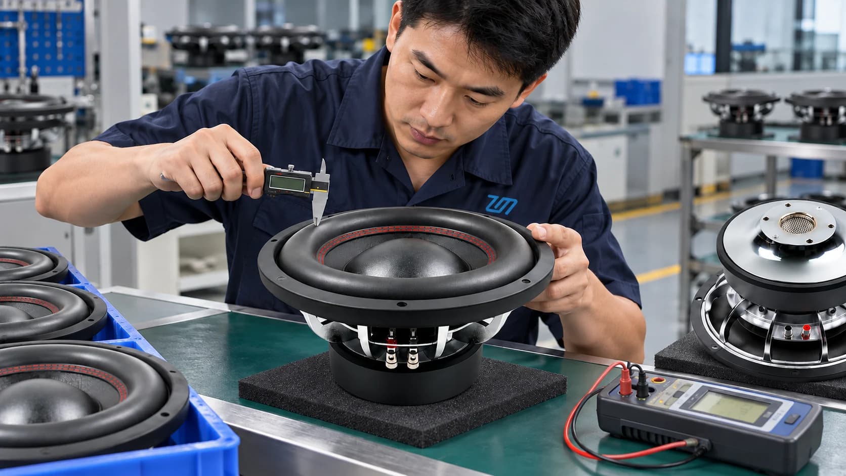 ZEMING engineer inspecting a chrome-plated subwoofer for an OEM project
