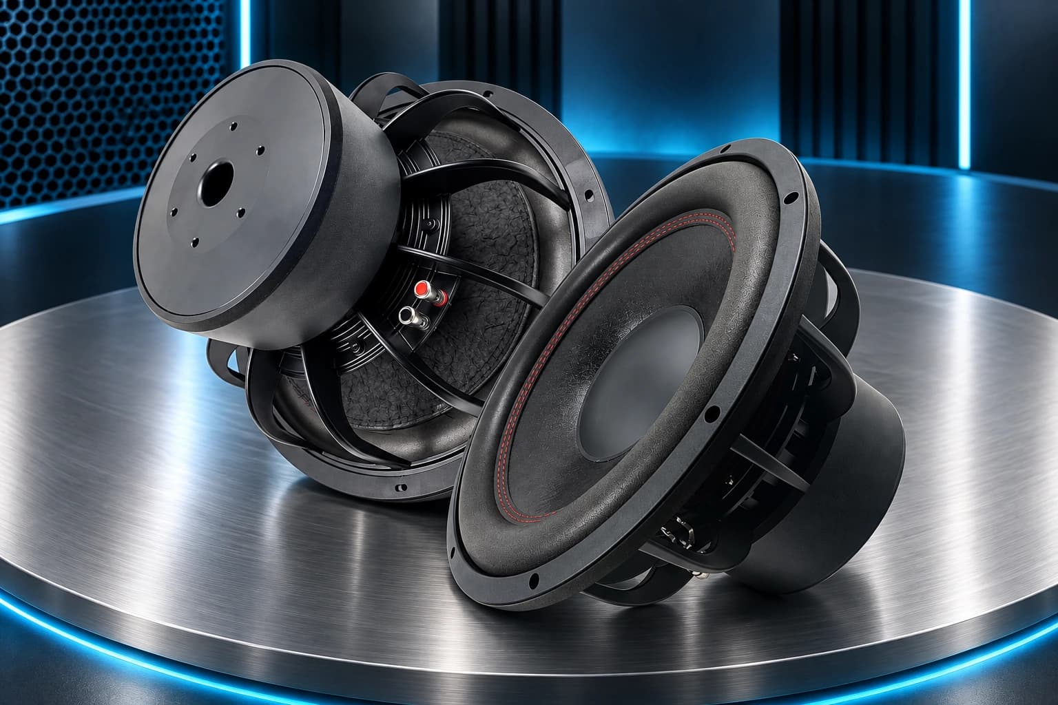 Two ZM-CB15P subwoofers shown from different product angles