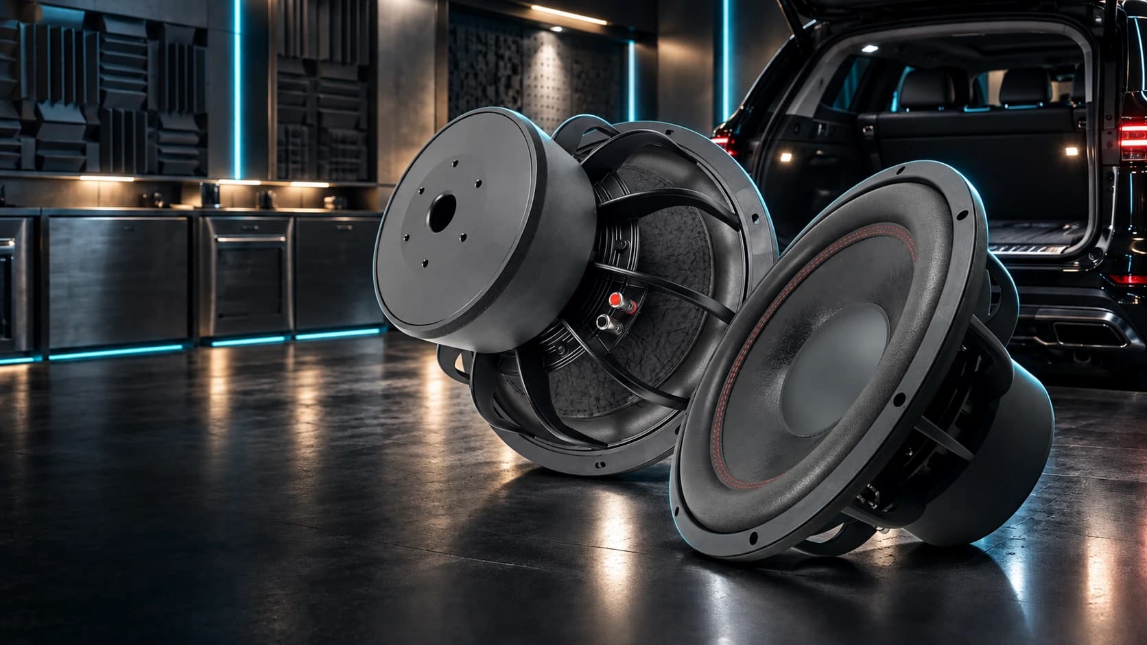 Two ZM-CB15P subwoofers in a premium automotive acoustic lab
