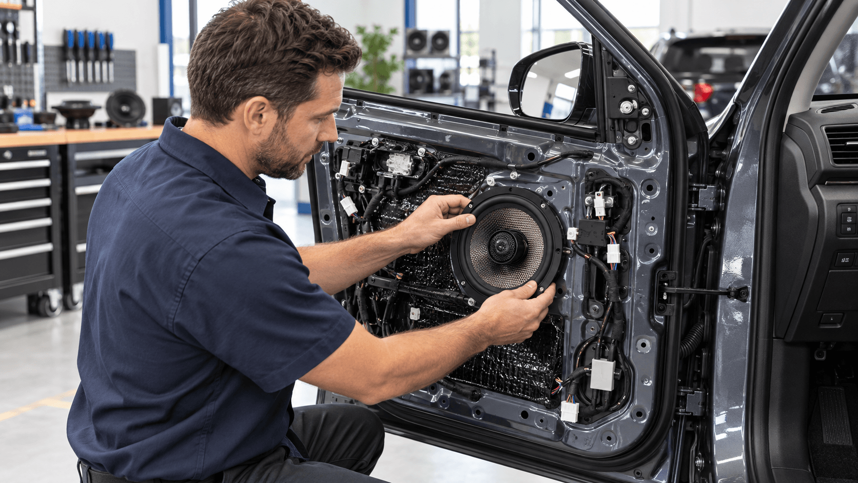 Professional installer fitting a car speaker in a vehicle door