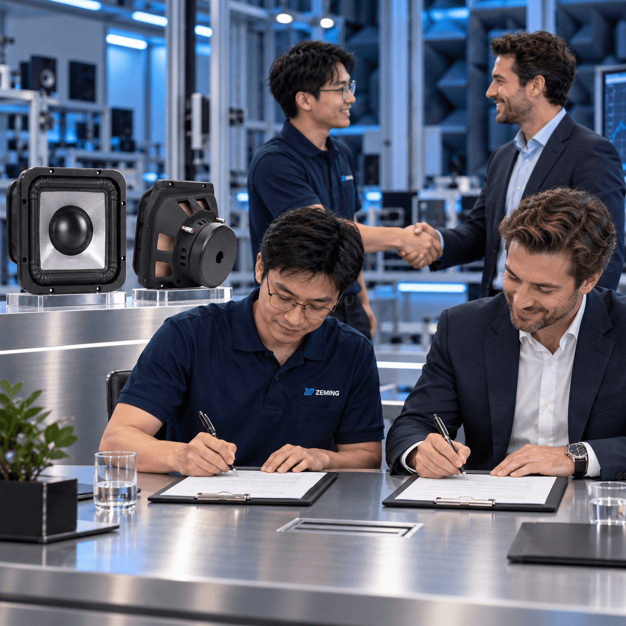 ZEMING team and customer signing a cooperation agreement with square subwoofers displayed