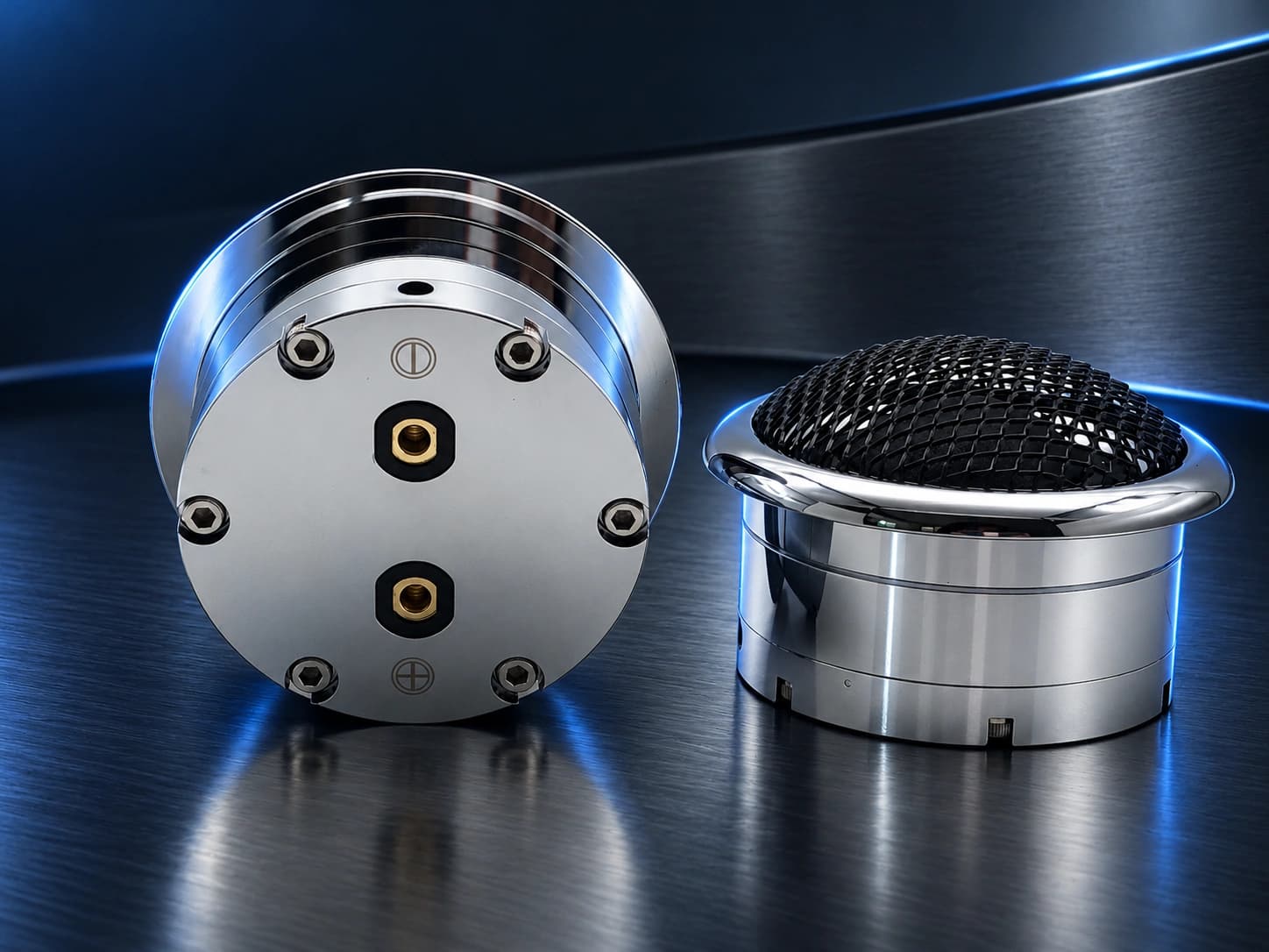 ZEMING ZM-CT28.2-AL mirrored 28 mm aluminium silk dome tweeter pair on a brushed-metal surface