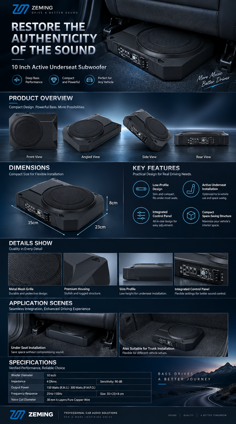 ZM-SL10D product page: 10 inch active underseat subwoofer overview, dimensions, features, application scenes and specifications
